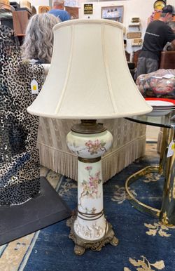 Victorian Hand Painted Floral Roseart Shade Banquet Lamp 35in
