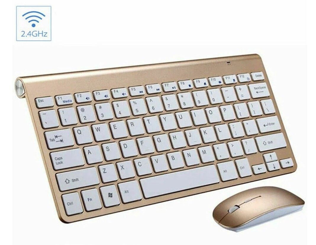 NEW/MINT CONDITION WIRELESS MINI GOLD KEYBOARD AND MOUSE COMBO