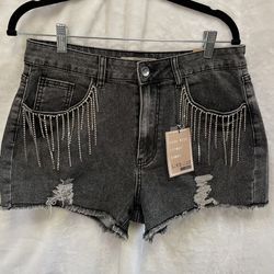 Love Cult High Rise Cutoff Shorts L Black Distressed Rhinestone Fringe NWT