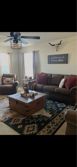 Sofa, coffee table, end table, rugs