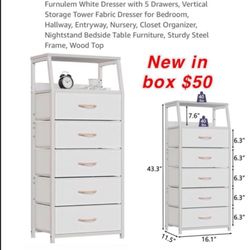 New  White Dresser with 5 Drawers, Vertical Storage Tower Fabric Dresser for Bedroom, Hallway, Entryway, Nursery, Closet Organizer, Nightstand$50