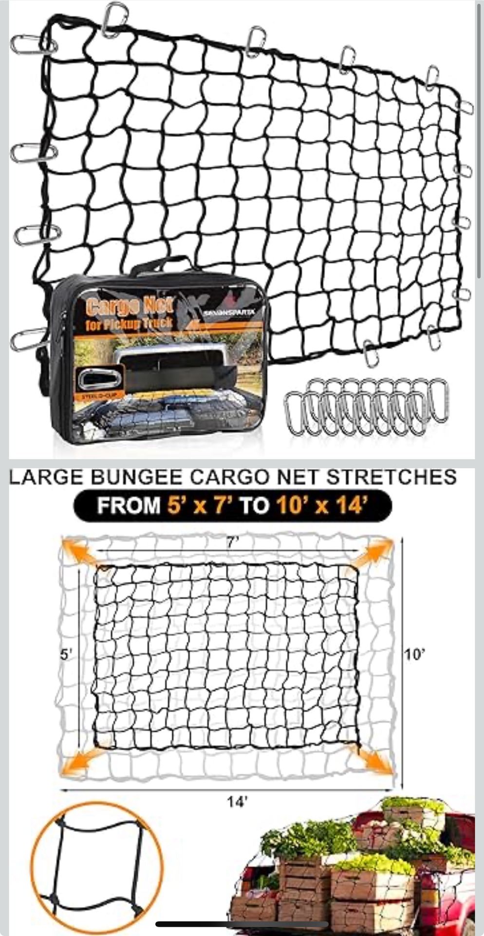 New Seven Sparta 5’ x 7’ Bungee Cargo Net Stretches to 10' x 14' for Truck Bed, Pickup Bed, Trailer, Trunk, SUV with 16 Bonus D Clip Carabiners Car Or