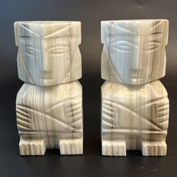 Vtg Carved White Black Onyx Marble Aztec Tiki Mayan Bookends Set Heavy 8" Study