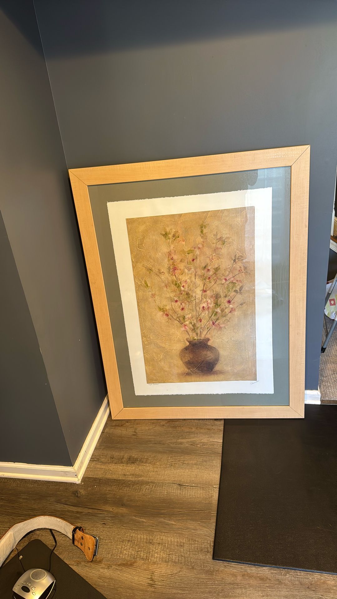 Large Framed Tan Picture With Potted Flower
