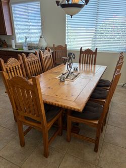 Solid Wood Dining Table with 9 Chairs – Rustic Farmhouse Style
