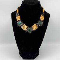 Green Stone and Wood Bead Necklace