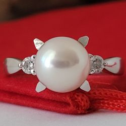 ❤️ Pt900 Platinum Freshwater Pearl Ring with 0.12 ct Genuine Diamonds – Size 6.5! / Anillo de Platino Pt900 con Perla y Diamantes 💎👌🎁 Gold Items