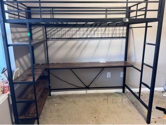 Loft Bed with L-Shaped Desk, LED Metal Bed Frame