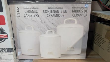 Farmhouse Ceramic Canister Set Three Piece Kitchen Storage Jars With Lids Decor