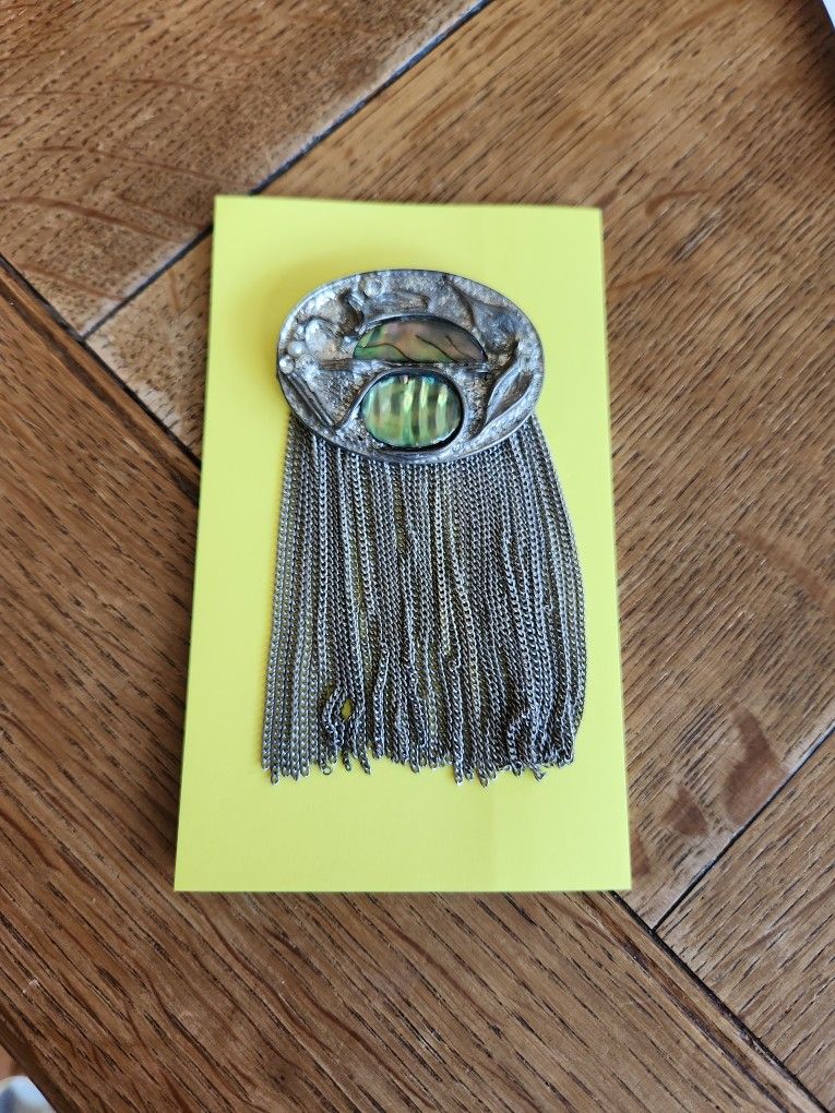Vintage 3.5" Art Deco Style Abalone Silver Fringe Tassel Rhinestone Pin Brooch