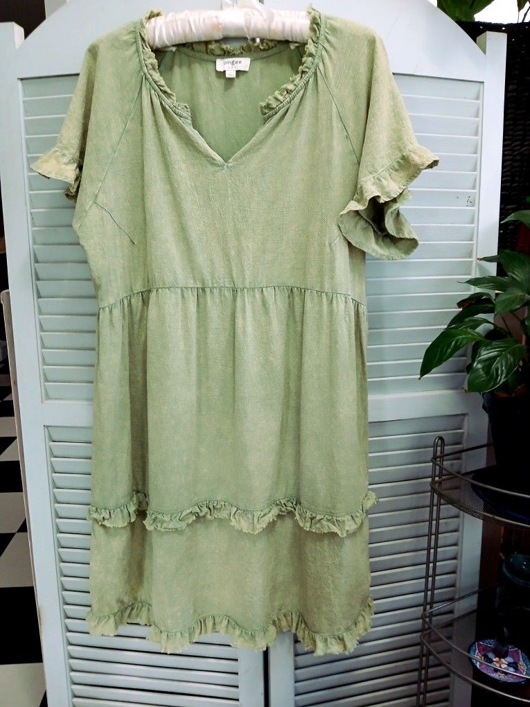 UMGEE Green Tiered Baby Doll Dress Relaxed Women’s Size L, Flowy, 100% Cotton
