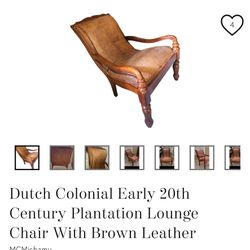Dutch Colonial Early 20th Century Plantation Lounge Chair With Brown Leather