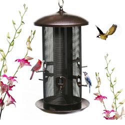 Nature's Rhythm Metal Hopper Bird Feeder, Dual Seed Compartments, 10 Feeding Ports, Holds 10lbs Seed, Attracts Cardinals, Titmice, Nuthatches