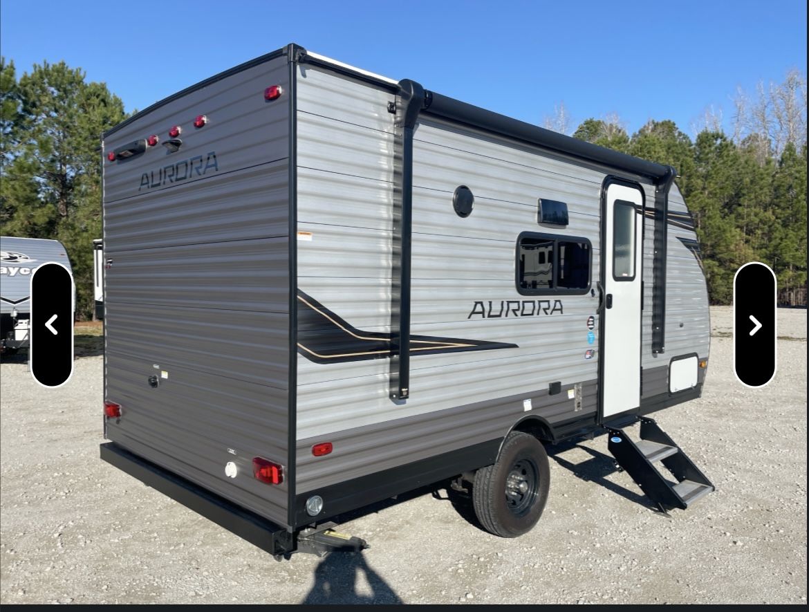 NEW NEVER 2024 Forest River RV Aurora Light. New Never Used. Sleeps 5. With Added Extra Like TV, Carpet And Mattress Topper With Cover.
