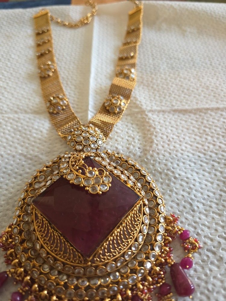 Gorgeous And Beautiful Gold Plated Ruby Long Necklace