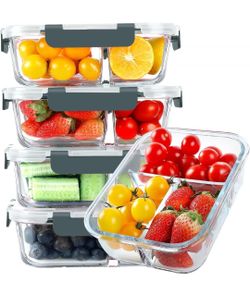 KOMUEE Glass Meal Prep Containers 3 Compartments, 5 Pack 36 oz, Glass Food Storage Containers with Lids, Airtight Lunch Bento Box, Portion Control, Fr
