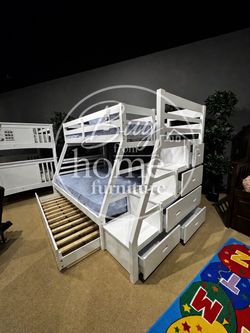 Twin/full/twin triple white Bunkbed with steps and storage & orthopedic Mattress
