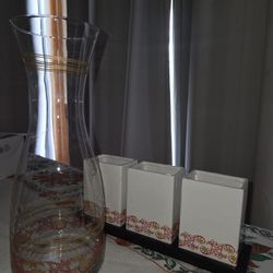 Clear Glass Serving Carafe with Gold & Red Floral Design + 3 Matching Ceramic Holders