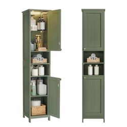 Tall Storage Cabinet with Lights, Slim Freestanding Cabinet with Adjustable Shelves, for Small Spaces, Bathroom, Living Room, Modern, 15.7