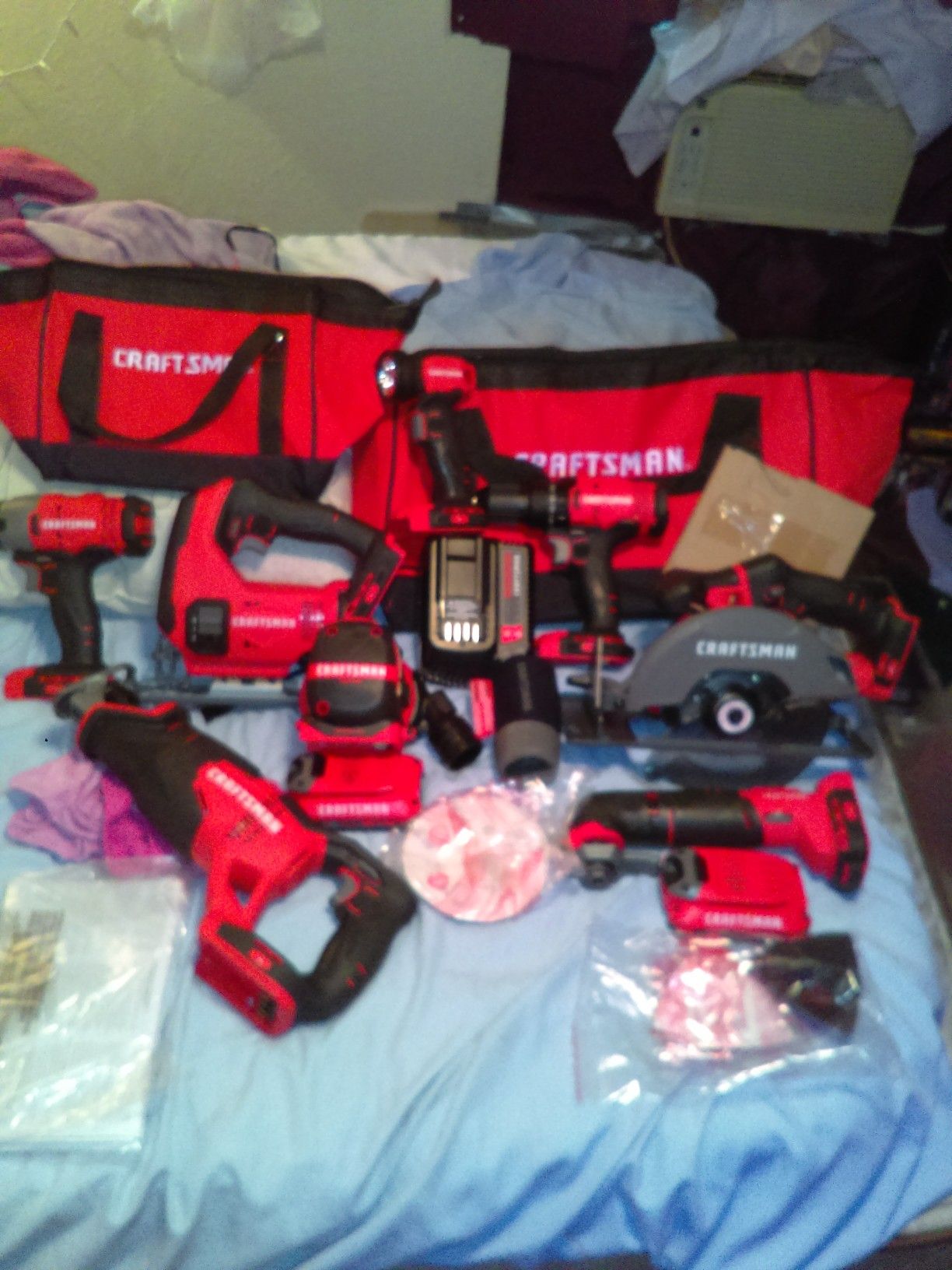 Craftsman v20 volt Max 8 tool set with 2 tool bags 2 batteries and a quick charger