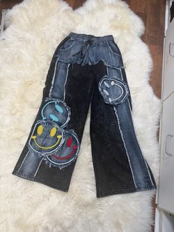 Japanese Streetwear Wide Leg Patchwork Smiley Jeans – Black Acid Wash