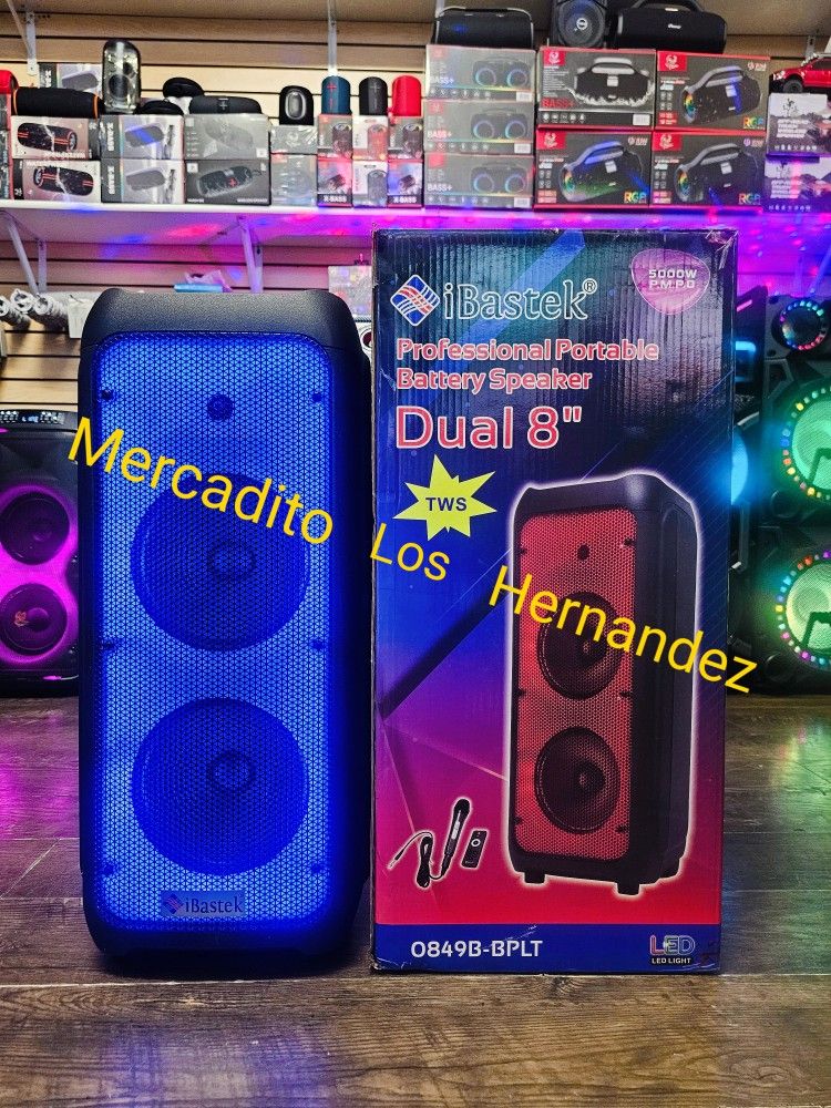 Dual 8" Pro Bluetooth Speaker ❗️IBASTEK 5000w ❗️HD Audio ❗️2025 - Usb / Aux / Sd Card - LED Party Lights 🔥- New / Nuevas Bocinas em Caja