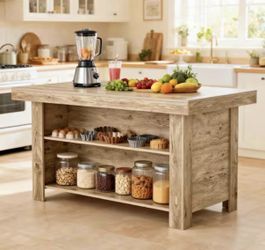 JW1253AB Light Brown Wood 55 in. Kitchen Island with Storage, Farmhouse Stationary Island Table