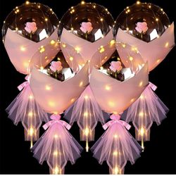 1 Pc LED Light Up BoBo Balloons Rose Bouquet with Stick, Clear Bobo Balloon with Artificial Rose & Coloful String Lights Set Romantic Gift for Valent