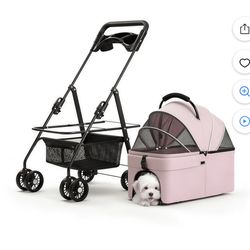 3-in-1 Pet Stroller & Car Seat with Detachable Carrier, 4-Wheel Foldable Design, Oxford Fabric, for Small Dogs & Cats up to 65lbs, Pink