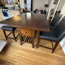 Solid Wood Dining Table w/ Bench, Storage & Wine Rack – Black Leather Chairs