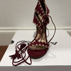 Burgundy Suede Lace-Up Heels with Gold Stitch Detail – Bold & Elegant