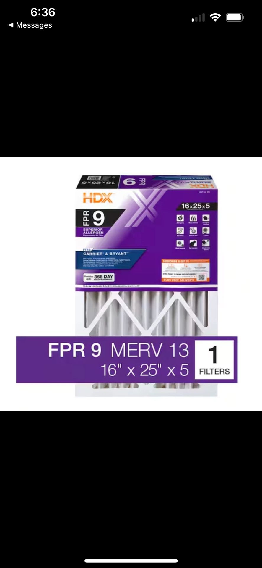 HDX 16 in. x 25 in. x 5 in. Carrier Replacement Pleated Air Filter FPR 9, MERV 13