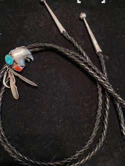 #6 Eagle Head Bolo Tie Turquoise & Coral Sterling