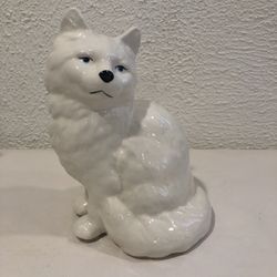 Vintage Studio White Porcelain Cat Sitting , 9” Tall And 6” Wide With Blue Eyes