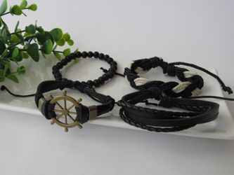 Adjust. Size up to 9.5inc Punk Retro Nautical Leather Bracelet Set of 4, Ship Rudder
