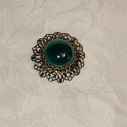 Vintage Raised Domed Tiered Frierich Brooch Lattice Filigree Huge Glass Cabochon