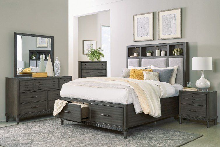 Transitional style bedroom set feature storage drawers, LED-lit, USB ports