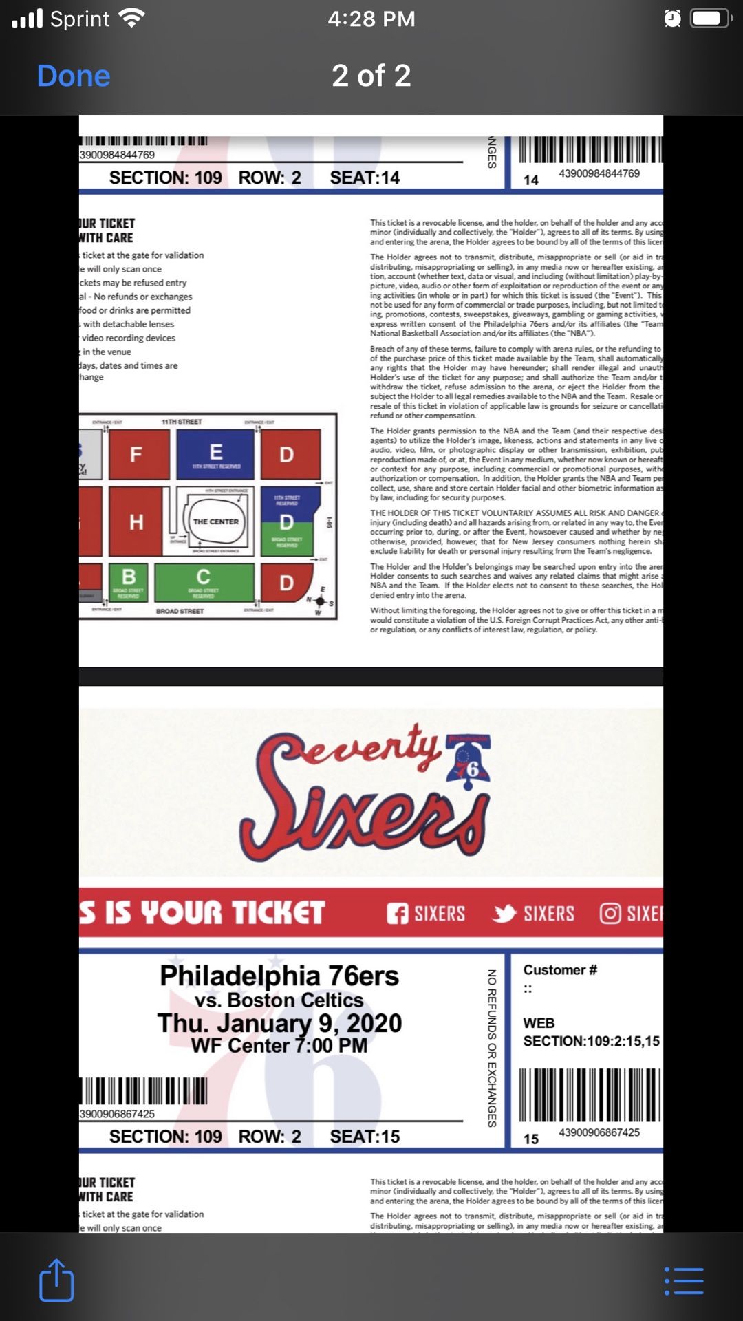 Philadelphia 76ers vs Boston Celtics section 109 Row 2 seats 14&15 $450
