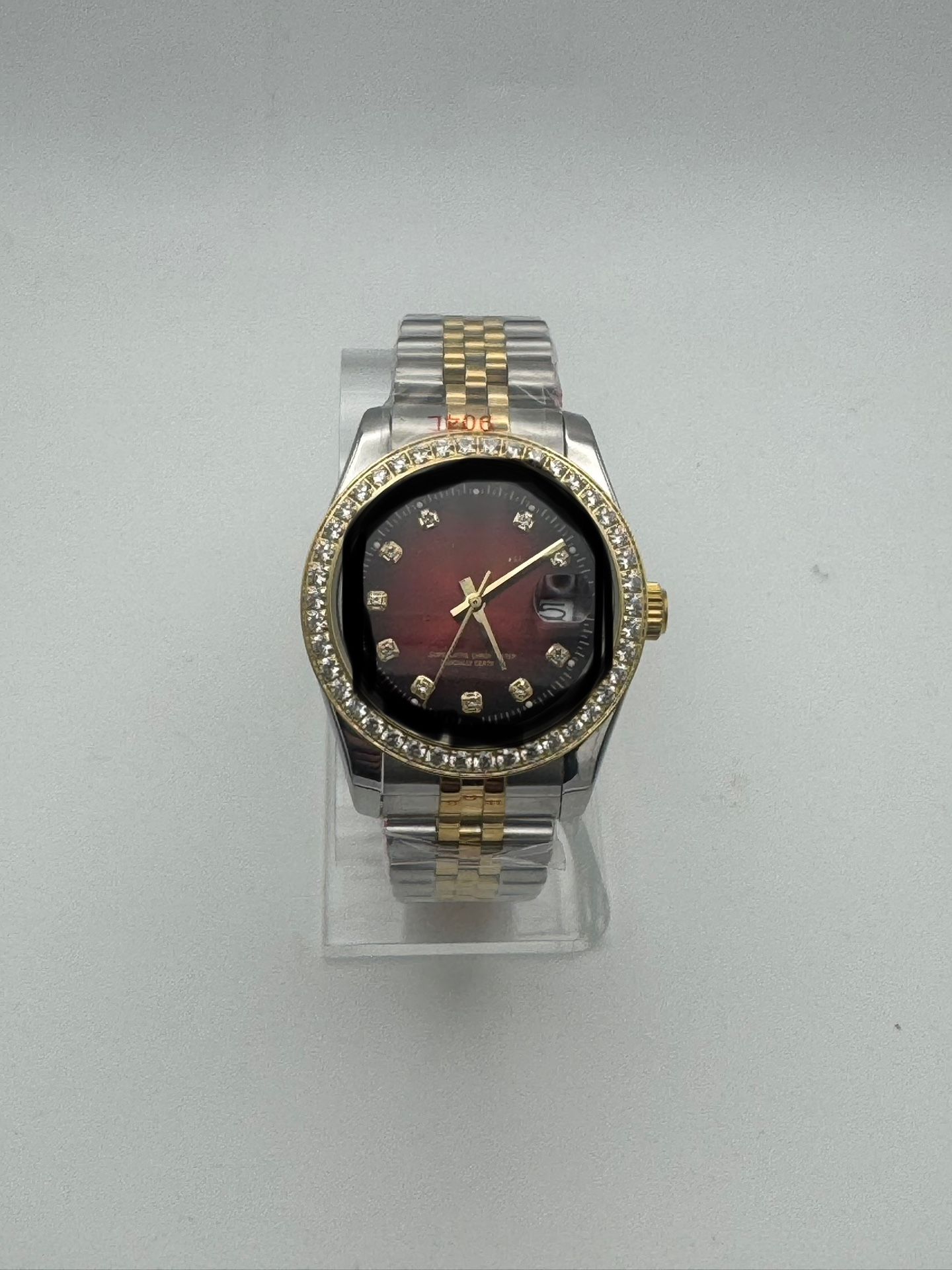Two-Tone Red Dial Diamond Bezel Watch