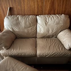 Beige, Love Seat Couch and Ottoman Set, Leather, 