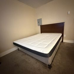 Mattress, box spring, metal frame and headboard