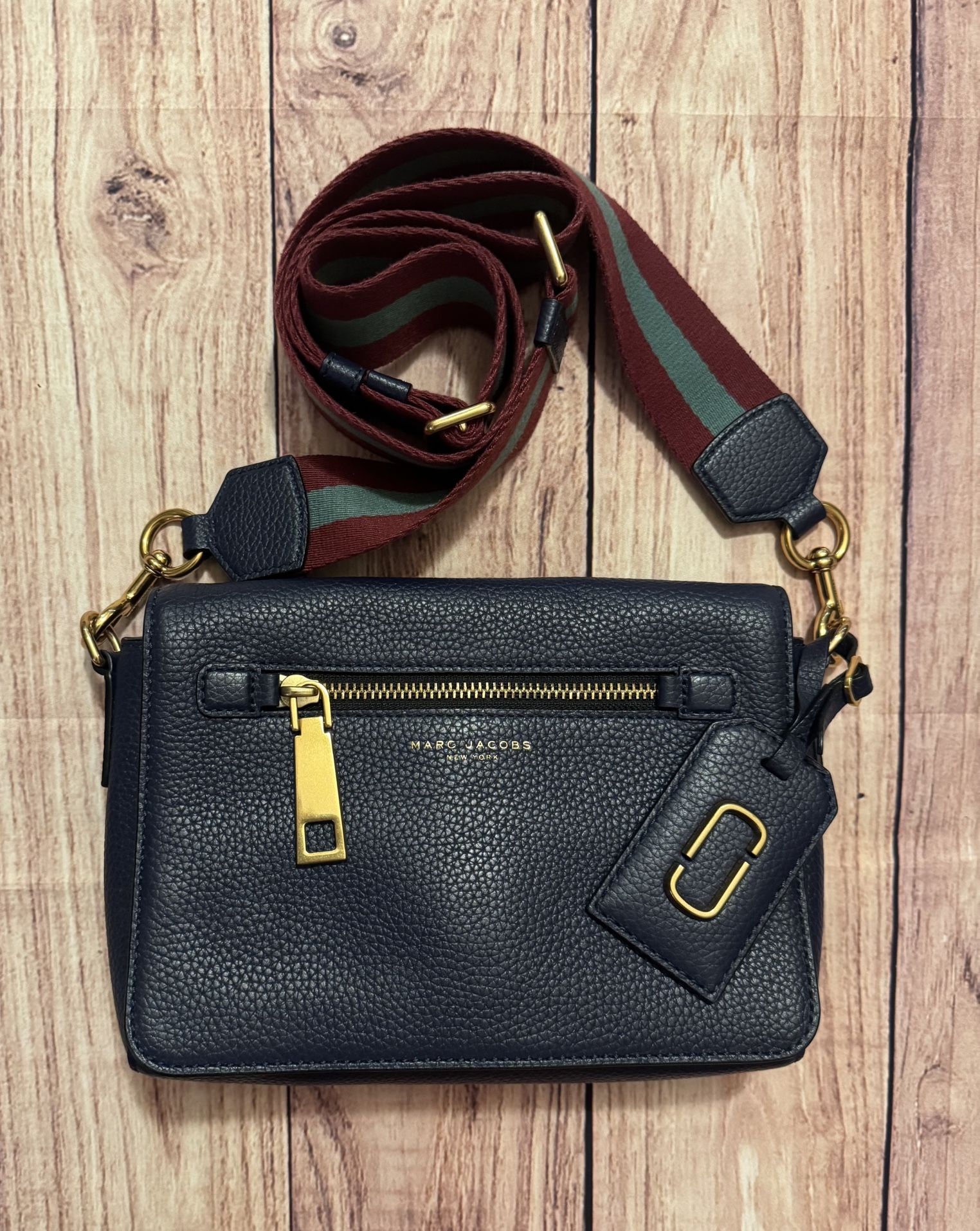 MARC JACOBS Navy Leather Crossbody with Striped Strap