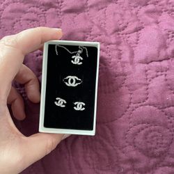 CC Sterling Silver Set Earrings, Pendant And Ring, Size 6 