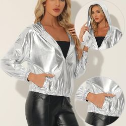 Holographic Hooded Long Sleeve Zipper Metallic Jacket