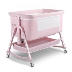 Bedside Pink Baby Bassinet Portable with Wheels, Changing Table, Bottom Storage & Canopy