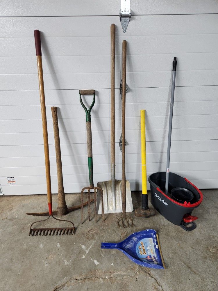 Bunble Of Yard Tools (Pick, Rake, Sledge Hammer, Large Shovel, Spading Fork, Gardening Fork, Long Handle Cultivator), Mop & Dust Pan