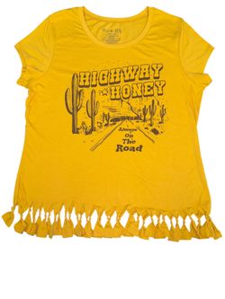 Highway Honey T-Shirt Womens Sz XXXL Yellow Graphic SS Fitted Tee Fringe Bottom