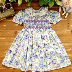 4T VINTAGE SMOCKED BLUE & PURPLE FLORAL COTTON DRESS