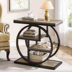 New Grey Small End Table 4-Tier Narrow Side Table Storage Shelves, Industrial Wood Metal Frame