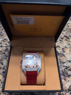 Iced Out Moissanite Watch with Red Leather Strap